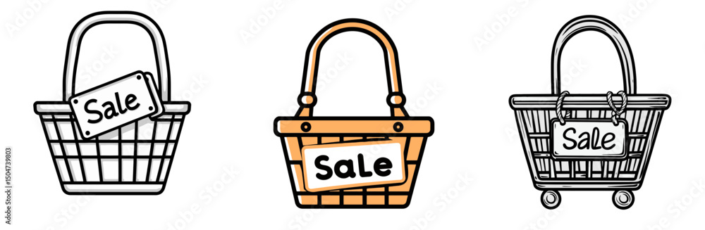 Poster various shopping basket icons with sale tags designed in a simple and isolated line art style