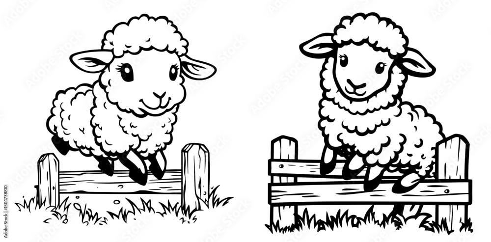 Poster two playful sheep jumping over wooden fences in a field during daytime with a simple line art style