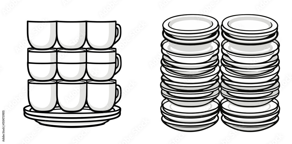Poster stack of coffee cups and plates isolated on a white background with clean line art design showcasing
