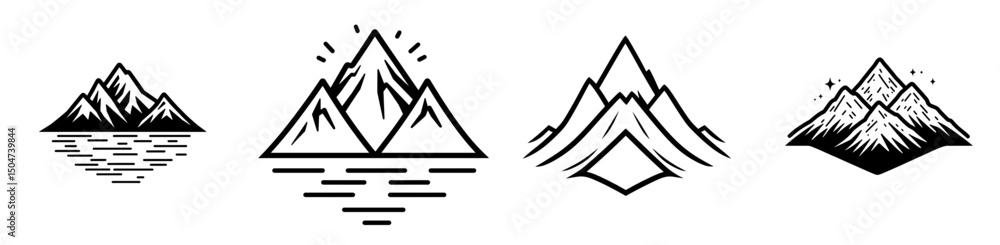 Poster mountain icons in simple line design showcasing various styles and elements of nature