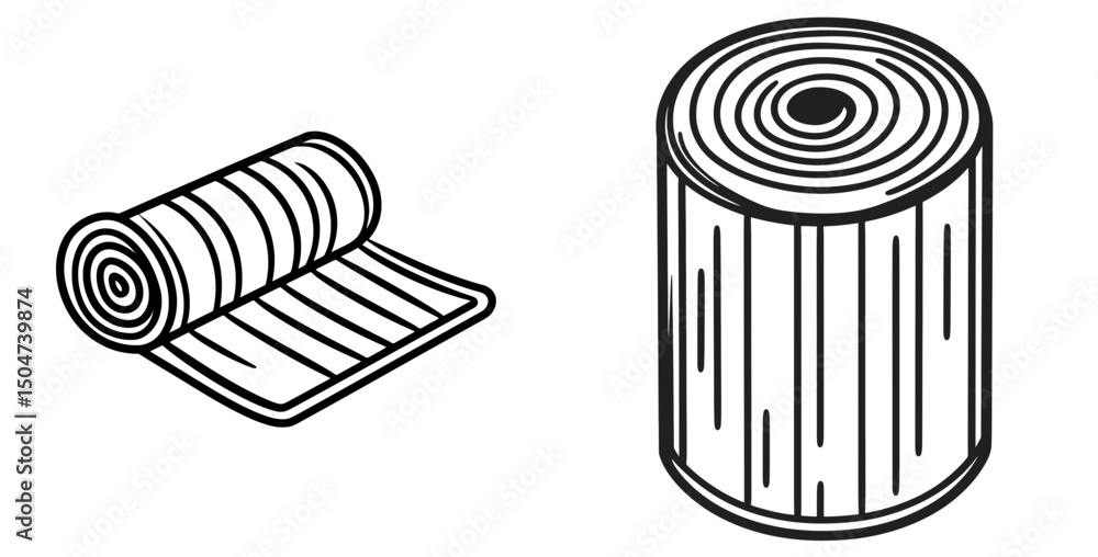 Poster Illustration of rolled and stacked sheets representing various materials in a simplistic line art style