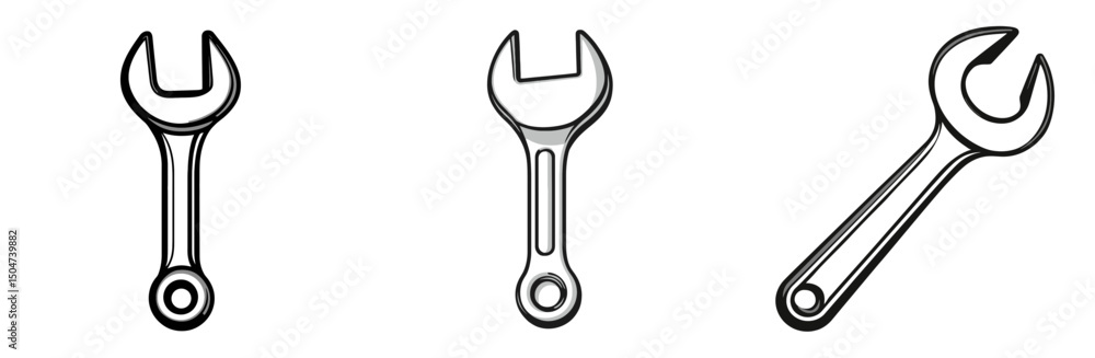 Poster collection of line art depicting three different types of wrenches against a plain background
