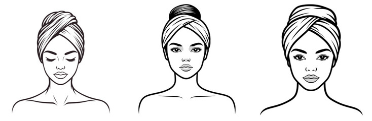 Hair care routine icons showing three styles of head wrap in a minimalist line illustration
