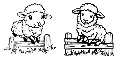 Two playful sheep jumping over wooden fences in a field during daytime with a simple line art style