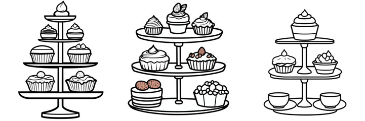 Stylish line art of three tiered cake stands filled with desserts and cupcakes showcasing a delightful confectionery display