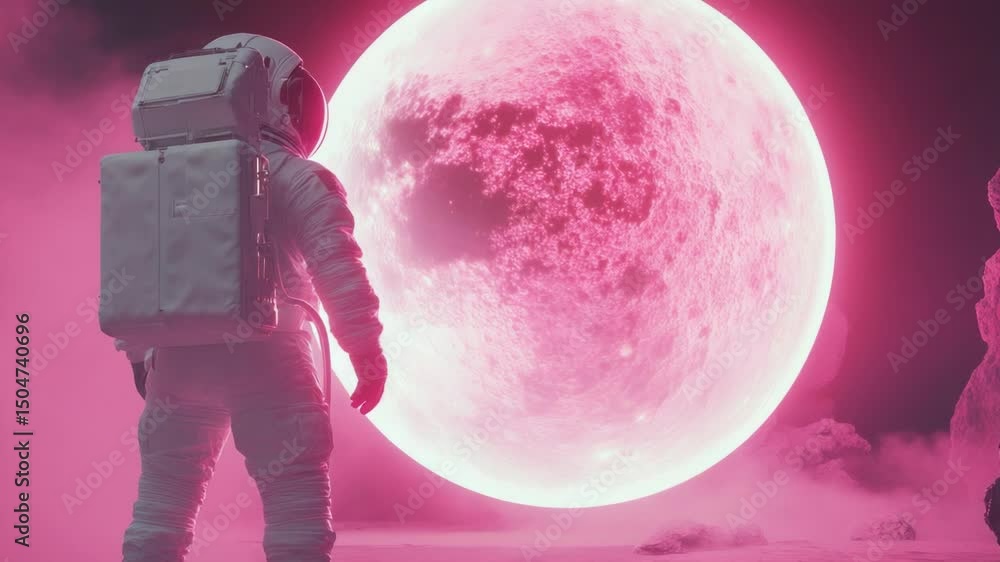 Poster astronaut stands on lunar surface with pink moonrise in the background