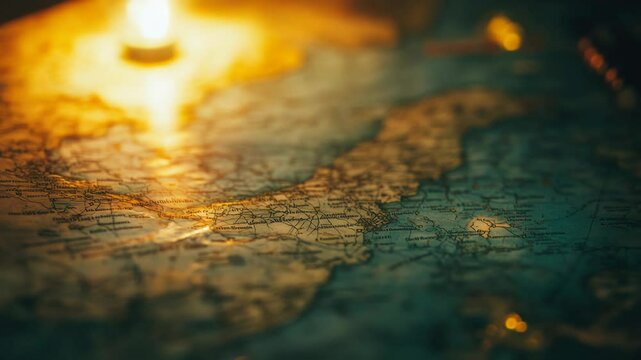A map with a lit candle, ideal for use in scenes where navigation is key