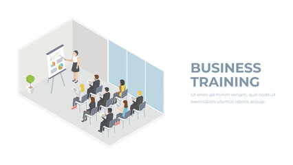 Performance tribune, speech. Teamwork set with business presentation conference coworking workplace brainstorming and discussion isolated. Indicators and coaching. Vector isometric, 3d