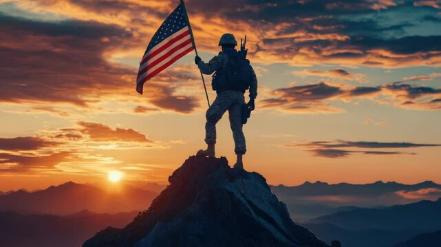 A person stands at the peak of a mountain, holding an American flag, in a patriotic and adventurous scene