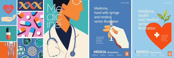 Medicine. Vector medical illustrations of heart, cardiology, doctor, hand with syringe with injection, pills, vaccine, virus, bacteria, dna, circulatory system for poster, cover or background