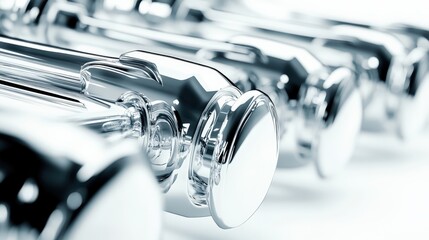 Close up of shiny metal tools in a row highlighting reflections and textures