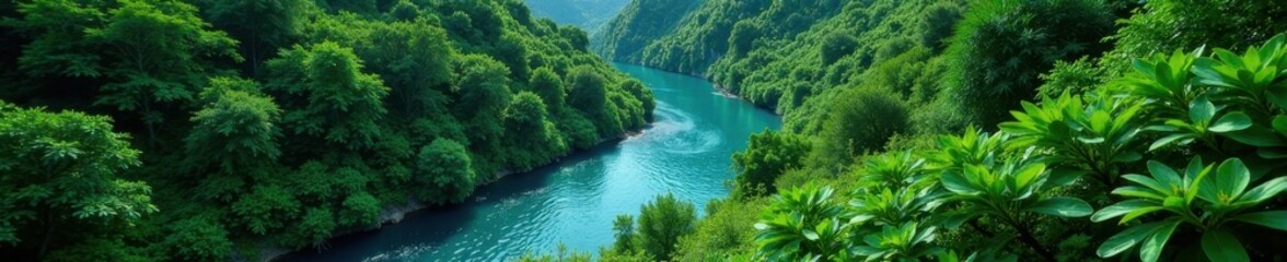 Fototapeta premium Emerald delta, vibrant blue river snakes through dense foliage High-altitude shot , flowing, green, map