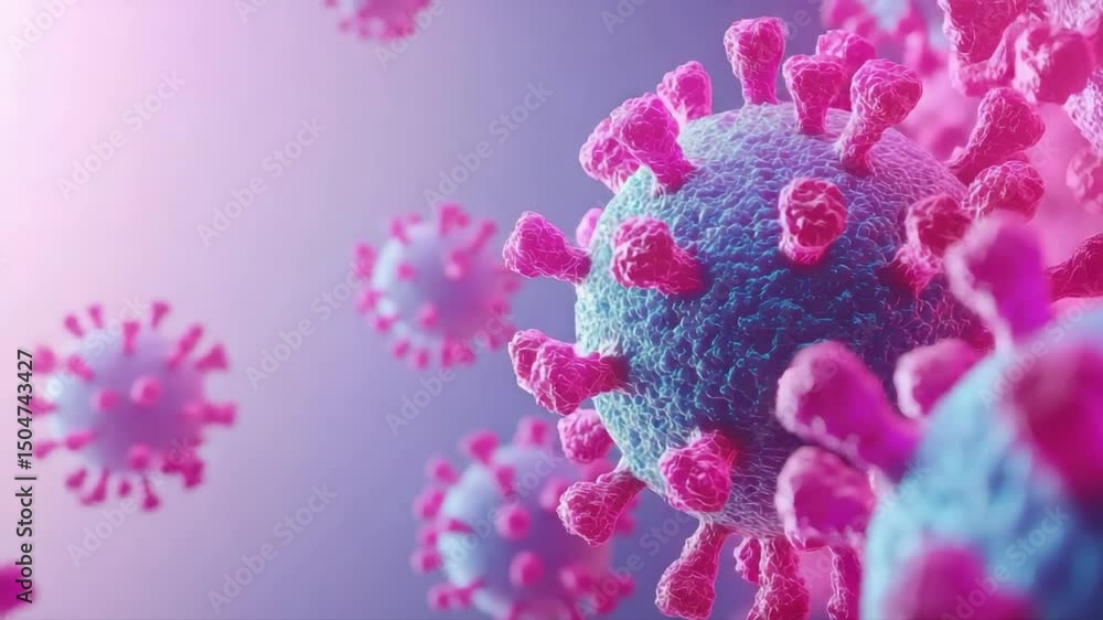 Poster detailed visualization of colorful virus structure with molecular features and intricate design elem