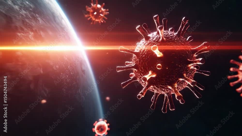 Poster virus structure in space with bright light rays and planetary background for scientific and educatio