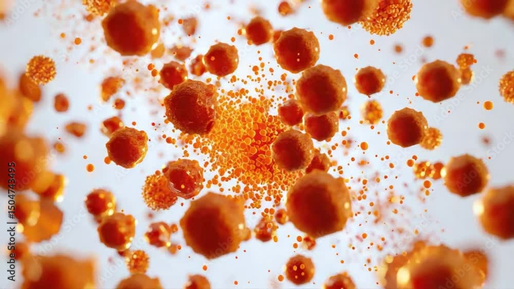 Poster abstract orange background with vibrant particles and droplets creating dynamic visual texture and d