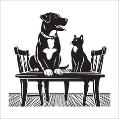 Dogs and Cats Enjoying a Cozy Coffee Date | A black and white silhouette illustration of a dog and a cat seated at a table, enjoying coffee.