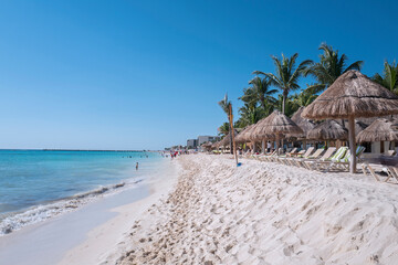 Scuba Beach in Playa del Carmen.  This a city located along the Caribbean Sea; a popular tourist area due to its geographical location in the Riviera Maya. Mexico. 2020