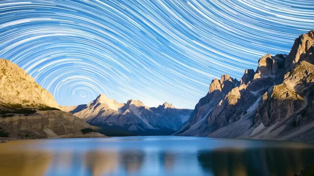 Celestial Dance Over Mountain Lake_ Stunning Star Trails Circle Above a Serene Alpine Landscape at Night, Captured in Long Exposure