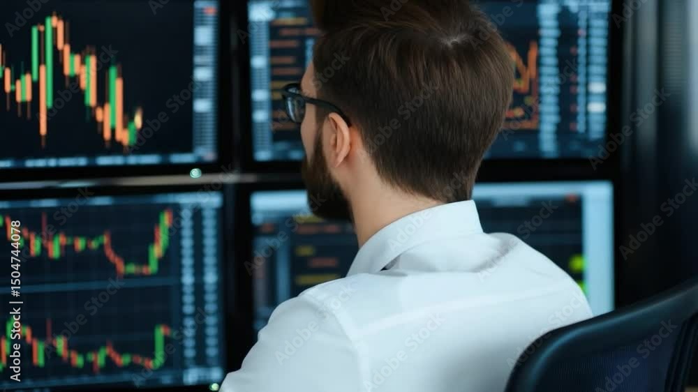 Poster focused trader analyzing stock market data with multiple screens displaying financial charts and gra