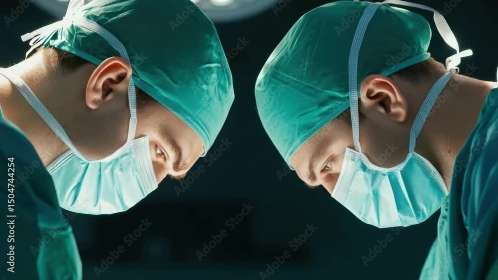 Poster two surgeons focused on surgical procedure with instruments in an operating room setting