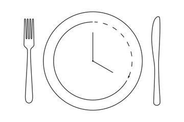 Dinner plate and cutlery with clock symbol for intermittent fasting diet concept in outline vector