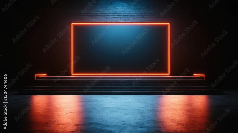 Poster dark studio display with neon square frame and illuminated stairs for creative modern backdrop