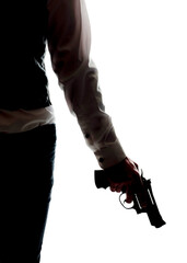 A man is holding a revolver.