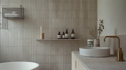 A minimalist bathroom with a neutral color palette and sleek fixtures.