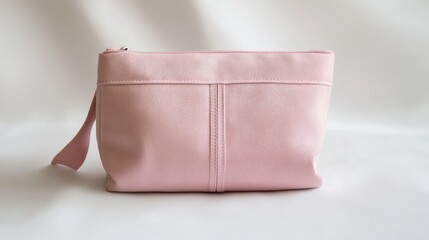 Soft pink makeup bag with delicate stitching, perfectly centered on a clean, white backdrop, front view