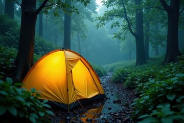 Rain-soaked yellow tent glows in misty rainforest, green, travel