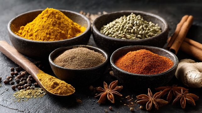 Variety of Spices in Small Bowls Featuring Turmeric and Cumin