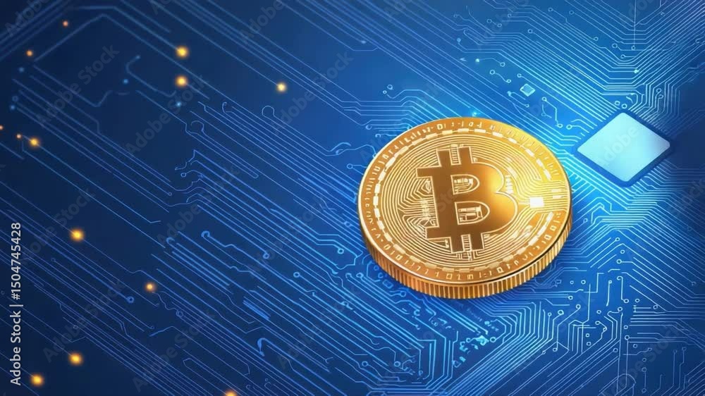Poster golden bitcoin coin on digital circuit background representing cryptocurrency and blockchain technol