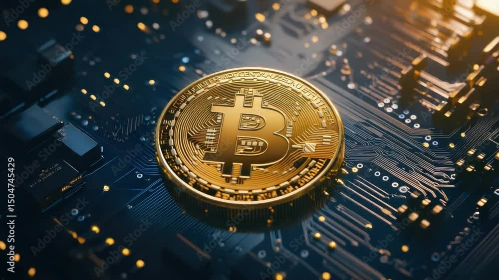 Poster golden bitcoin coin on blue circuit board background with soft glow and detailed electronics design