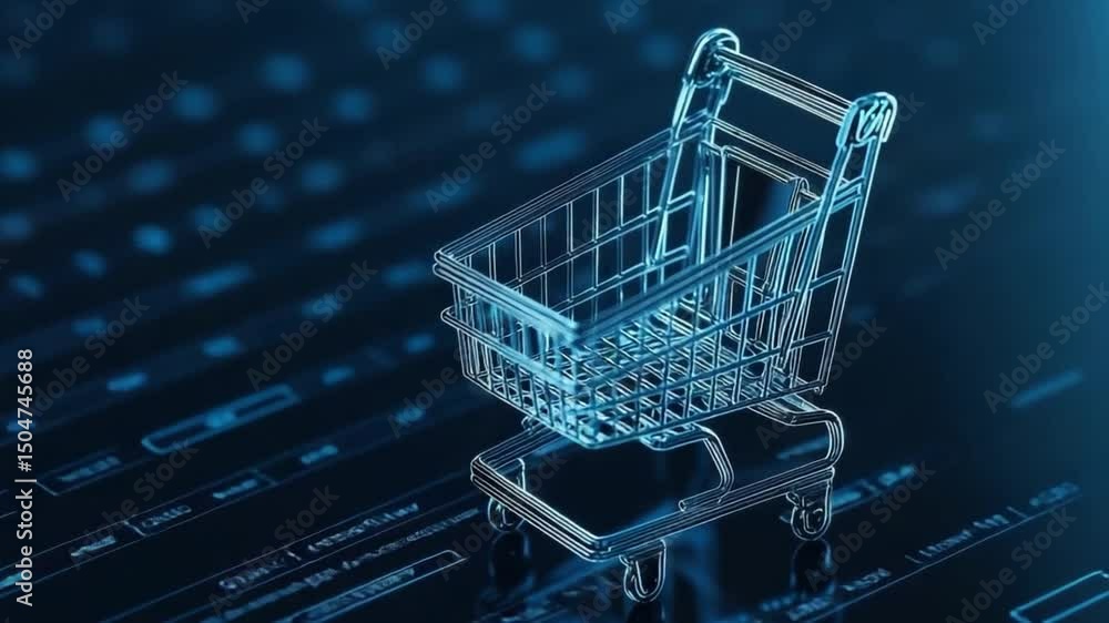 Poster futuristic shopping cart 3d model with digital background representing online retail and e-commerce 
