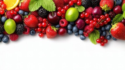 Obraz premium Fresh Fruits and Veggies Border on White Background for Design