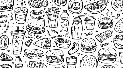 Black Outline Fast Food Doodle Set on White Background Vector Art