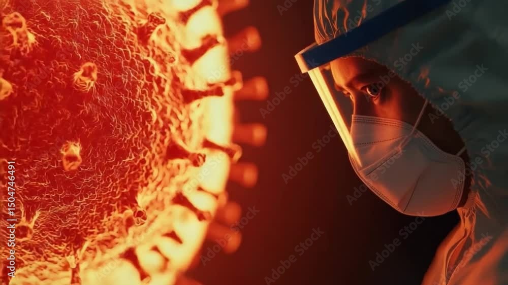 Aufkleber close-up of scientist examining coronavirus structure in laboratory environment with red background
