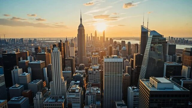 Aerial view of new york city skyline at sunset with empire state building prominent in the image