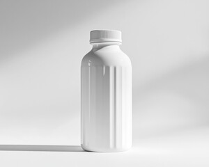 Studio photography of a white dietary bottle, angled with soft shadows and crisp highlights on a clean white background