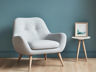 Cozy light-gray chair sits next to small round table with a framed print