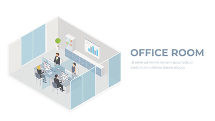 People workplace in office isometric design. Company employees man and woman team work together in comfortable modern cabinet. Business center floor interior inside with furniture. Vector illustration