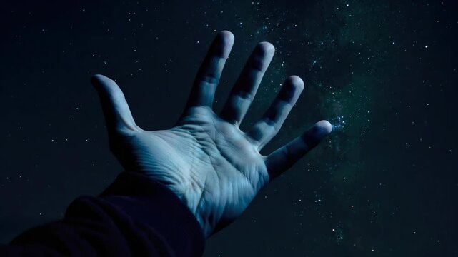Hand reaching towards starry night sky, symbolizing aspiration and exploration