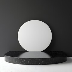Black marble pedestal with white circle on dark background illuminating the scene