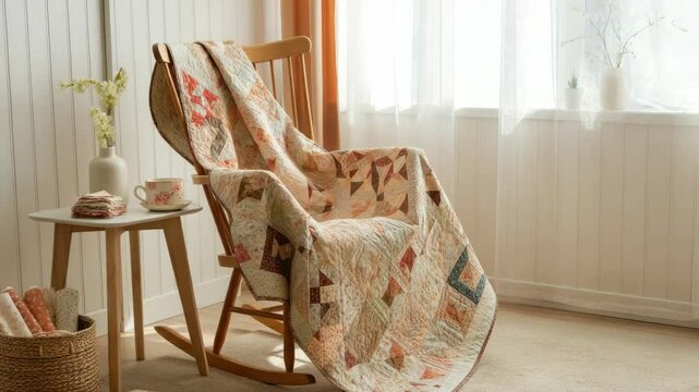 Cozy wooden rocking chair with patchwork quilt next to window, exuding warmth and comfort