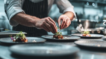Chef Carefully Arranges Gourmet Dish in Busy Restaurant Kitchen