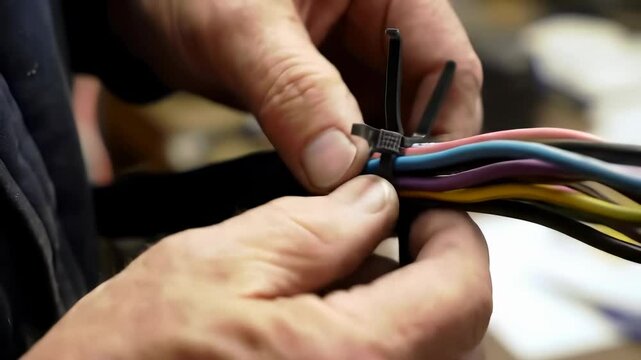 Caucasian Male Hand Managing Colored Wires with Zip Tie for Electrical Maintenance                        
