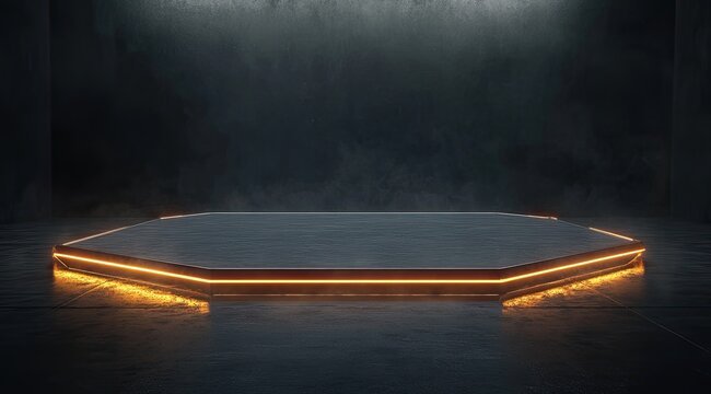 Dark, futuristic octagonal platform bathed in warm, glowing light