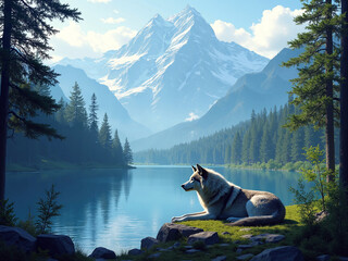 Obraz premium A wild wolf resting by the lake
