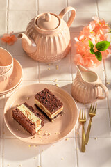 Sweet sponge cake made of airy creamy sponge and chocolate.