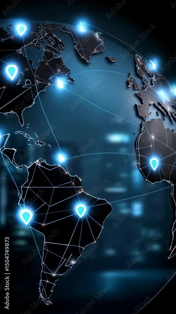 Poster world network concept displaying global connections with digital points on city background